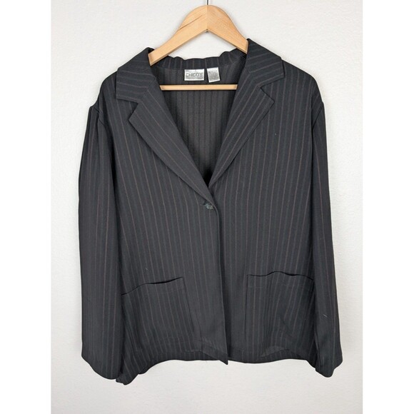 Chico's Blazer 2 Large Black Brown Pinstripe Stretch Single Button Mb - Picture 1 of 6